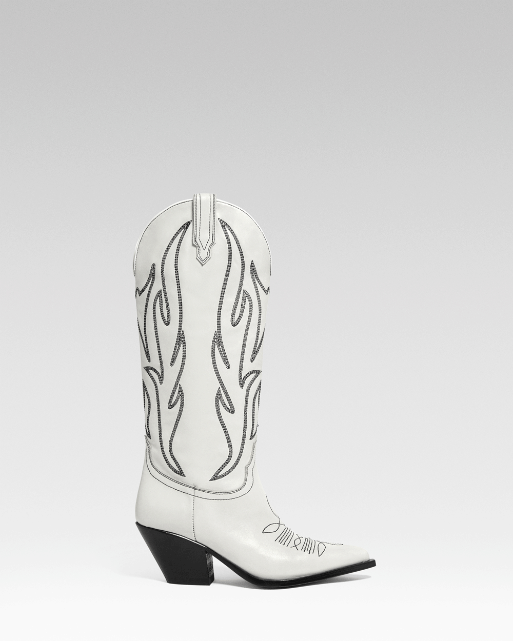 RUIDOSO Women's Knee Boots in White Calf | Black Embroidery