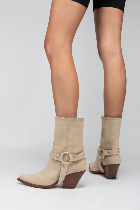 ATOKA BELT Women's Ankle Boots in Sand Suede | Leather Harness