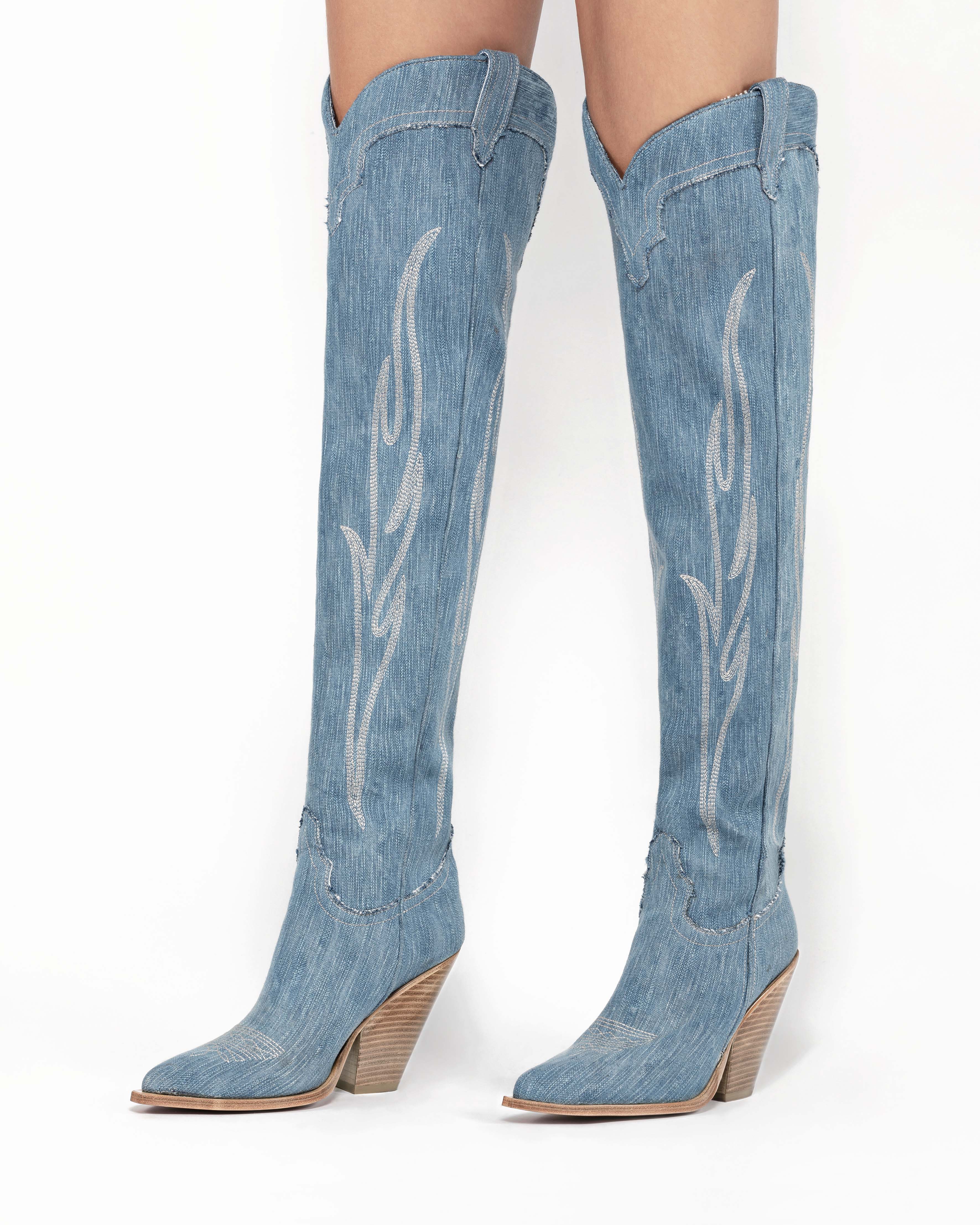 HERMOSA Women's Over The Knee Boots in Light Blue Jeans | Off-White Embroidery_Indossato_01