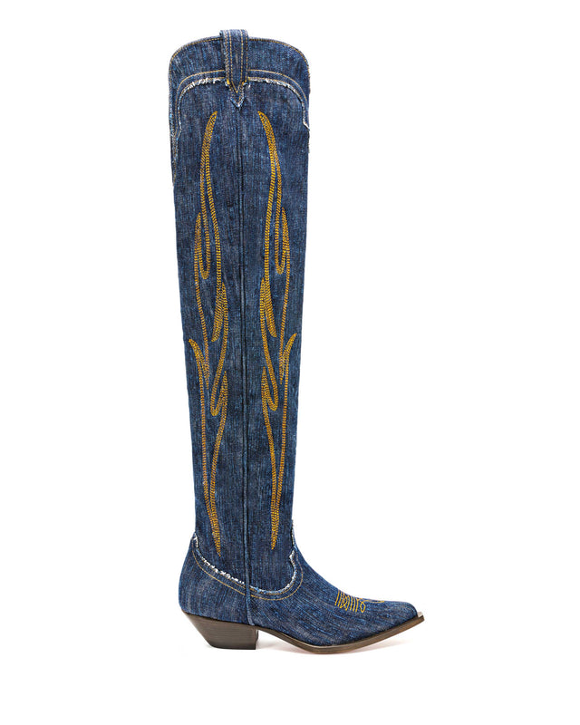 Hermosa Women's Over The Knee Boots in Blue Denim | Orange Embroidery 01