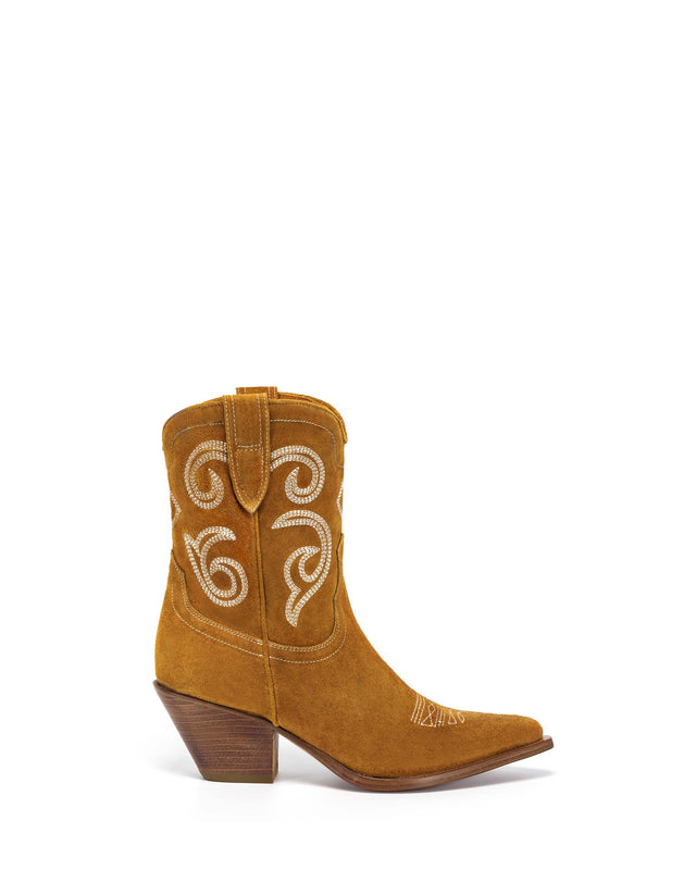 PERLA Women's Ankle Boots in Almond Velour | Off-White Embroidery_Side_01
