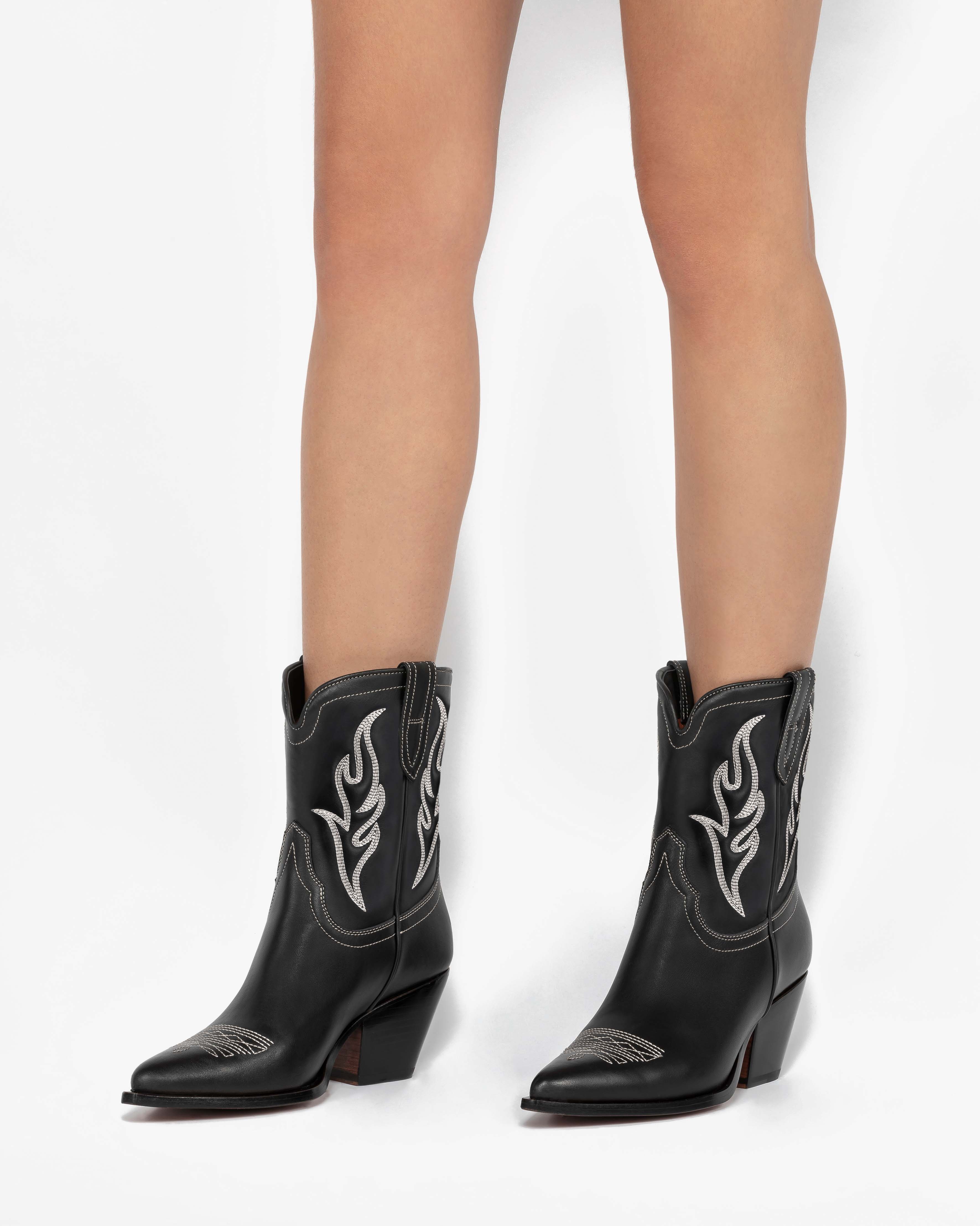 PERLA Women's Ankle Boots in Black Calf Leather | Off-White Embroidery_Indossato_02